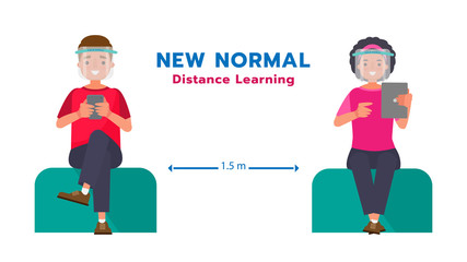 Distance learning students distance from society and wearing face shield.Cartoon character Vector illustration.