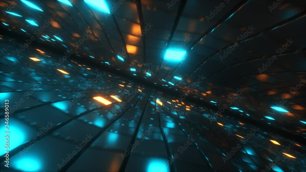 Poster abstract seamless looped animation of flying in endless space of neon and metal cubes. modern blue o