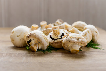 fresh healthy vegetarian, mushrooms  on a wooden table with a green dill.Good food for diet.