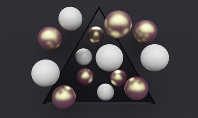 Abstract black background with a triangular window and flying spheres. 3d rendering