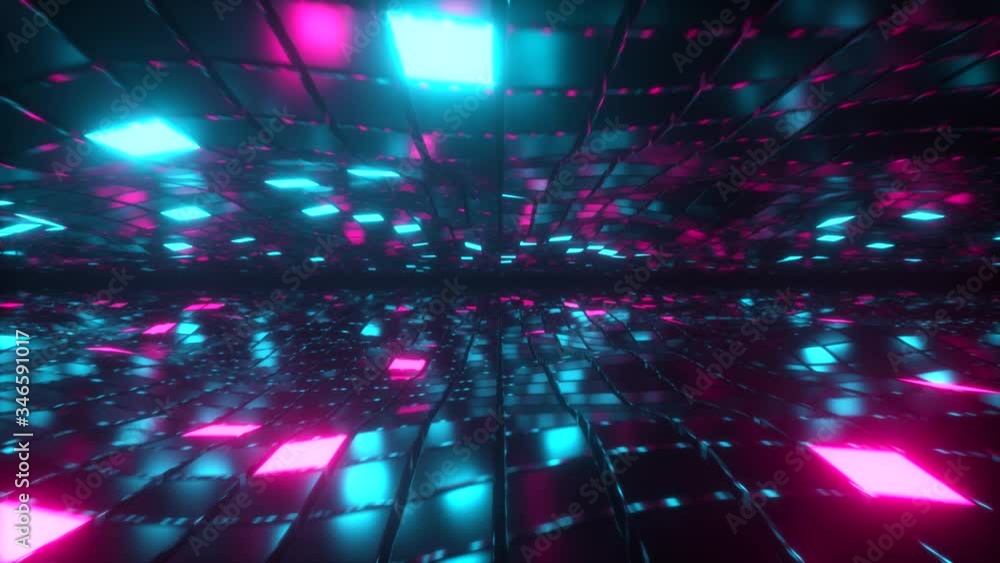 Poster abstract seamless looped animation of flying in endless space of neon and metal cubes. modern blue p