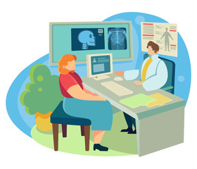 Appointment with a therapist in the medical room. Doctor in his office consulting the patient. People in the hospital. Banner or poster in flat style about healthcare.