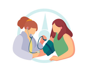 Vector illustration. Blood pressure measurement. Doctor checks the blood pressure of woman. Banner about heart health care in the flat cartoon style.