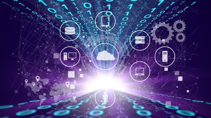 Working data center server room with media illustrations