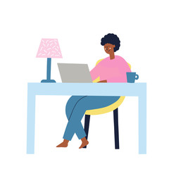 Girl sitting at the table working on the laptop. Freelance, work at home concept. HAnd drawn vector illustration