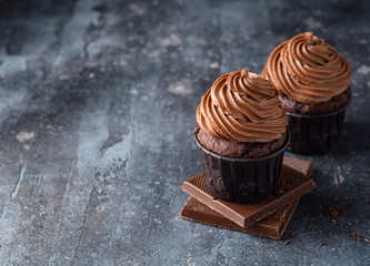 Chocolate cupcakes with chocolate creamy frosting (made of cottage cheese and whipped heavy cream) on blue and black concrete background. Copy space, close up view.