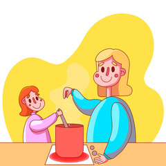 Vector image. Mom and daughter are cooking. Joint cooking. The child helps the parent. Mom teaches daughter to cook. The child holds a ladle, mom salts the soup. Spend time together at home, family.