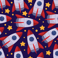 Vector seamless pattern with cute cartoon rockets and stars. Astronomy concept background for kids. Abstract textile texture.