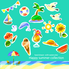 夏のカラフル素材セット　水彩テクスチャ