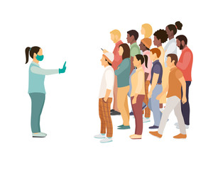 Fototapeta premium woman in a mask and gloves leaves the crowd without masks, urges her to behave safely and keep distance. plane vector illustration