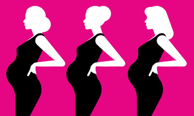 Pregnant woman silhouette. A set of different women, in the last stage of pregnancy. Vector template for an article, design, banner, or poster.