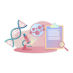 Naklejka premium Coronavirus COVID-19 diagnostics concept vector illustration. Microscope blood test.