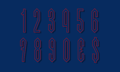Red blue angular isolated numbers and currency signs with shifted stroke and shadow. Urban graphic display font.