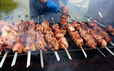 Grilled beef cabobs close-up on an open fire.