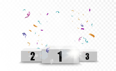 Winner background with signs of first, second and third place on a round pedestal. Vector winner podium sports symbols.