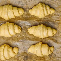 Top view of unbaked italian brioches on a baking paper. Homemade pastry from yeast dough. Production of french croissant.