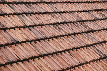 Old roof tiles on the roof of an house as a background image. Place for text or advertising