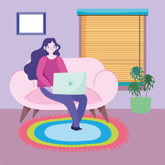 working remotely, young woman in room with laptop carpet plant and window