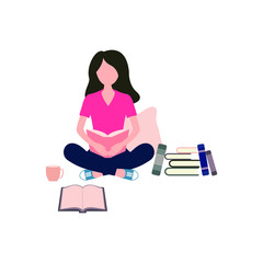 Girl siting on the floor and reading book at home. Studying concept. Flat design.