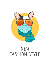 vector image of a french bulldog in a medical mask and glasses. Lettering Your new style. The call to wear face masks to prevent the coronavirus pandemic.COVID-19. Fashionable dog in a scarf