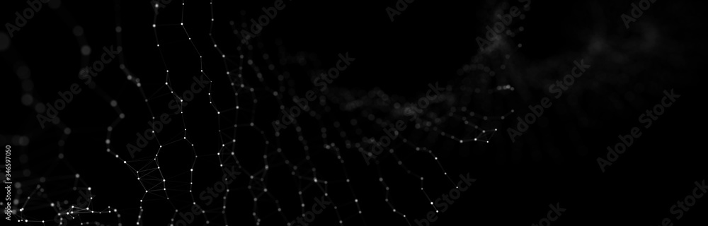 Poster wave 3d. wave of particles. abstract black geometric background. big data visualization. data techno