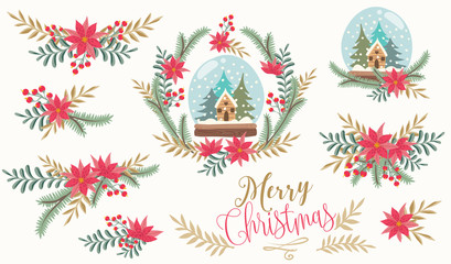 Christmas decorative illustration with snow globe, herbs, wreath and flowers. Christmas vector illustration. © Dreaming_Lucy