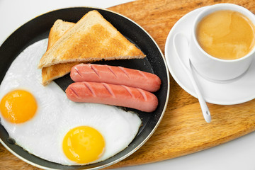 Breakfast. sausages, egg, bread in skillet. coffee