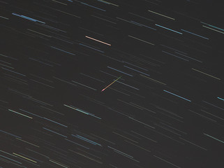 View of star trails and a meteor from the Eta Aquarids meteor shower of 2020 as seen from Cordoba, Argentina at its peak on May 6th.