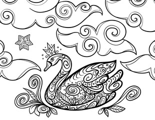 Princess swan and clouds- zentangle coloring book pages for adults and kids
