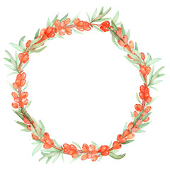 Watercolor hand painted nature healthy circle border frame with orange sea buckthorn berries and green leaves on branches composition on the white background for invite and greeting card