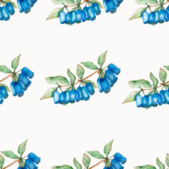 Watercolor hand painted nature meadow seamless pattern with blue honeysuckle berry on branch with green leaves composition isolated on the white background, garden print for design elements