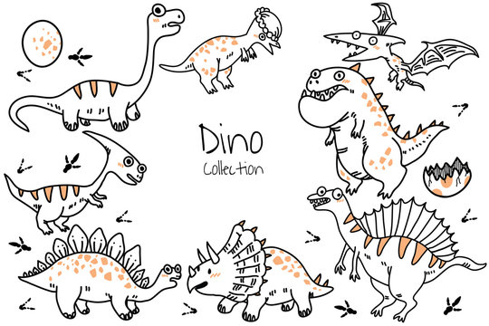 Set of cute cartoon dinosaurs. Vector illustration in doodle hand drawn style for printing on fabric, Wallpaper, dishes, postcard, picture, bedding, children's products