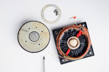 Speaker repair, disassembled speaker. High-frequency speaker 6GDV-7-16 on white background. A...