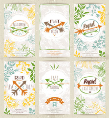 Set of the cards with tribal logotypes and leaves