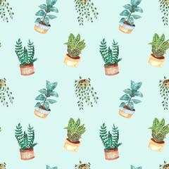 Seamless pattern with hand-painted watercolor indoor plants in flower pots. Decorative background of greenery is ideal for fabric textiles, paper, interior