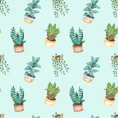 Tapeten Nahtloses Muster mit handgemalten Aquarell Zimmerpflanzen in Blumentöpfen. Dekorativer Hintergrund aus Grün ist ideal für Stofftextilien, Papier, Interieur © Vasia_illi
