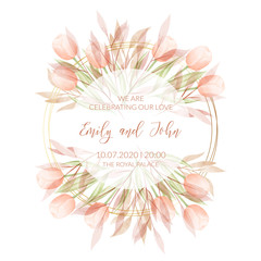 Watercolor floral frame. Wedding invitation card.