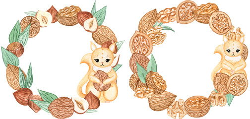 Watercolor nuts wreath with squirrel. Cashews, almonds, hazelnuts, walnut. Illustration for menu, catalog, restaurant, cartoon, game, kitchen, textile, decor.
