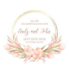 Watercolor floral frame. Wedding invitation card.