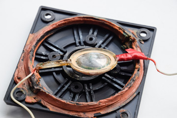 Speaker repair, disassembled speaker. High-frequency speaker 6GDV-7-16 on white background. A component of a three-way speaker system.