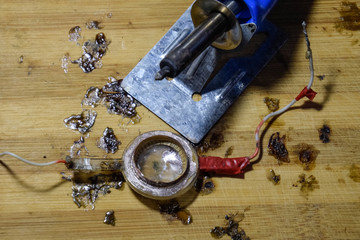 Speaker repair, disassembled speaker. High-frequency speaker 6GDV-7-16 on white background. A...