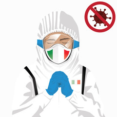 Covid-19 or Coronavirus concept. Italian medical staff wearing mask in protective clothing and praying for against Covid-19 virus outbreak in Italy. Itlian man and Italy flag. Epidemic corona virus