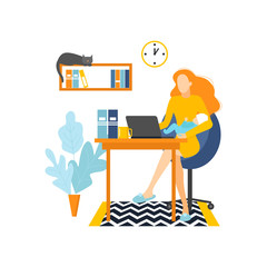 Fototapeta na wymiar Mother with baby working from home. Female freelancer working or studying on laptop at home. Freelancer lifestyle. Concept with woman on coronavirus quarantine. 
