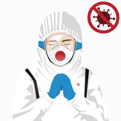 Covid-19 or Coronavirus concept. Japanese medical staff wearing mask in protective clothing and praying for against Covid-19 virus outbreak in Japan. Japanese man and Japan flag. Epidemic corona virus