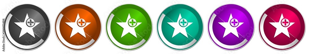 Poster Star icon set, silver metallic chrome border vector web buttons in 6 colors options for webdesign