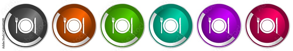 Leinwandbilder restaurant icon set, silver metallic chrome border vector web buttons in 6 colors options for webdes