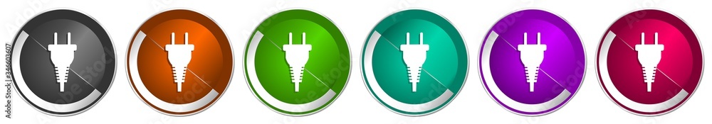 Fototapete Plug icon set, silver metallic chrome border vector web buttons in 6 colors options for webdesign
