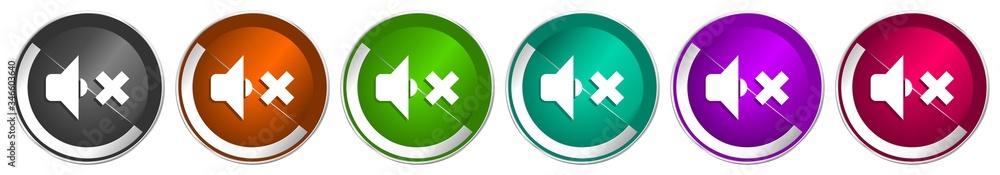 Poster Speaker volume icon set, silver metallic chrome border vector web buttons in 6 colors options for webdesign