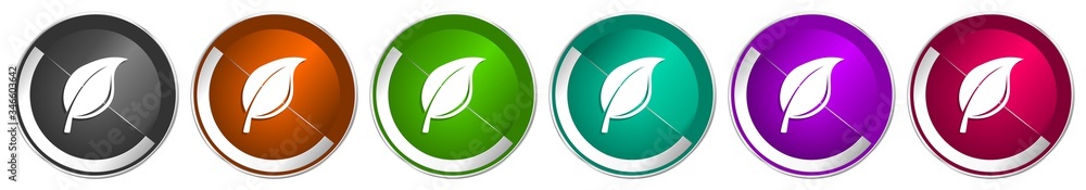 Leinwandbilder nature icon set, silver metallic chrome border vector web buttons in 6 colors options for webdesign