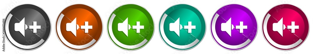 Poster Speaker volume icon set, silver metallic chrome border vector web buttons in 6 colors options for webdesign
